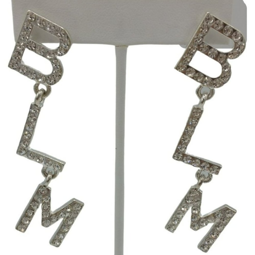 NEW- Crystal Rhinestone and Silver BLM Drop Earrings